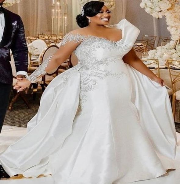 

2022 plus size arabic aso ebi mermaid luxrious wedding dress beaded lace crystals bridal gowns dresses zj6041635108, White