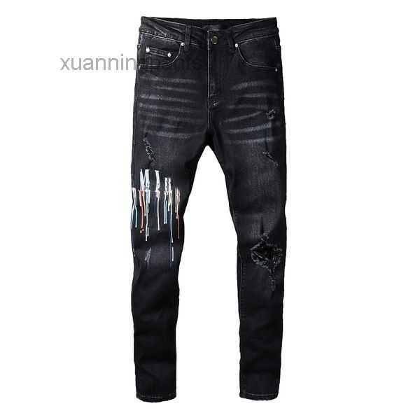 

jeans letter embroidery denim pants fashion holes hip street q58m, Blue