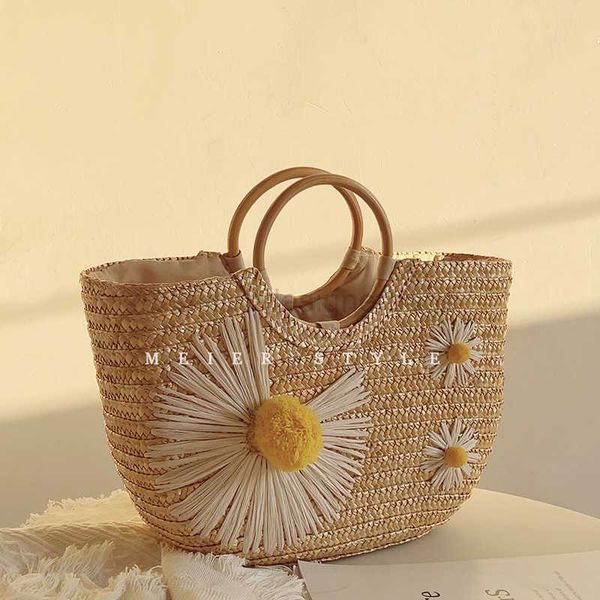 

totes daisy grass wooden ring handbag woven holiday beach bagstylishdesignerbags