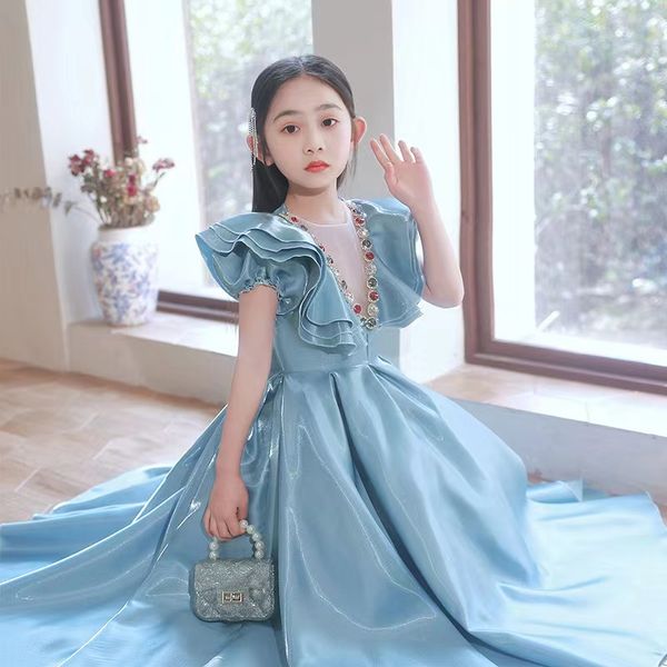 

2023 diamond flower girl dresses for wedding spaghetti floral appliques satin girls pageant dress a line kids birthday gowns princess childr, White;blue