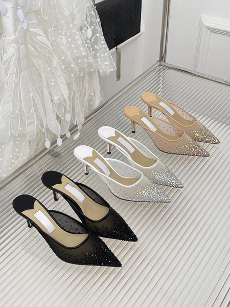 

luxury designer brand high heel slippers imported mesh and swarovski crystal upper imported from italy cowhide outsole sandals banquet shoes, Black