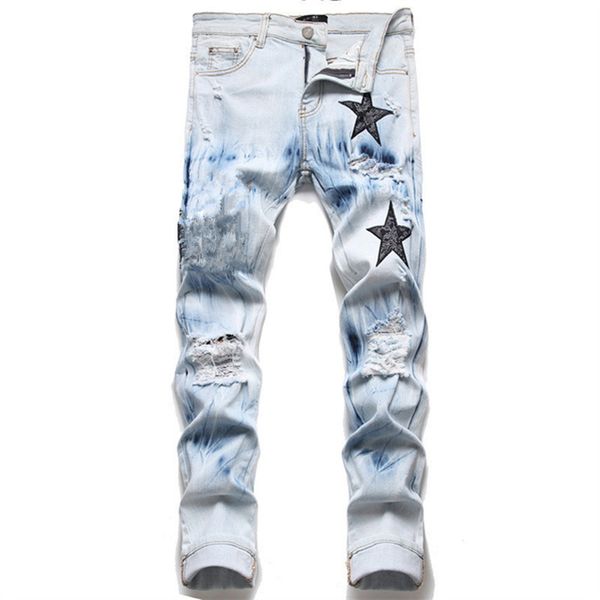 

jeans mens designer jeans for mens pants man white black rock revival jeans biker pants man pant broken hole embroidery hip hop denim pants, Blue