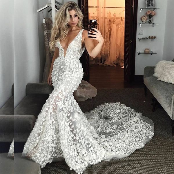 

3d flower lace mermaid wedding dress unique design lace v neck wedding bridal gown black women dresses for bride, White
