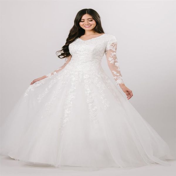 

2020 new a-line modest wedding dresses with long sheer sleeves v neck sequined lace tulle dropped waist buttons back religious bri199n, White
