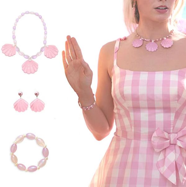 

princess pink shell necklace bracelet jewel ear clip earnail set, Silver