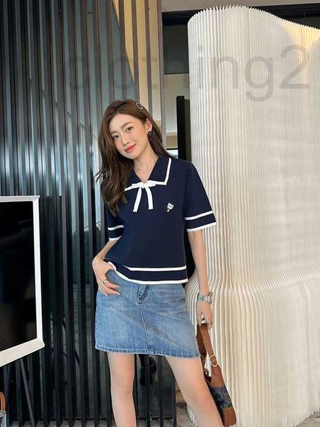 

women's knits & tees designer 2023 spring/summer new loose doll neck contrast embroidery little bear letter knitted short sleeve uvgu, White