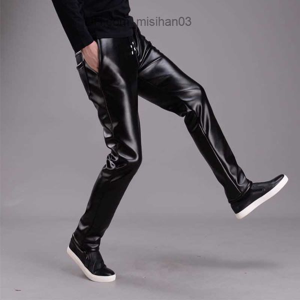 

men's pants spring and summer men's leather pants elastic high waist lightweight casual pu leather pants thin leather pants z23080, Black