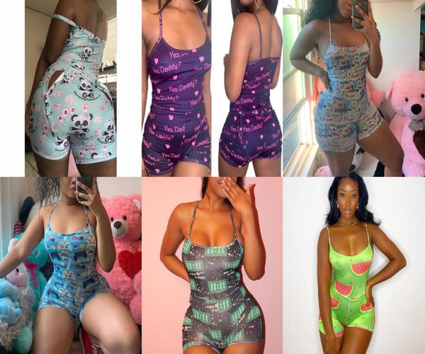 

designer 2021 jumpsuits printed suspender pajamas deep v nightclub button crotch bodysuit floral set club wear rompers dhl4902980, Black;white