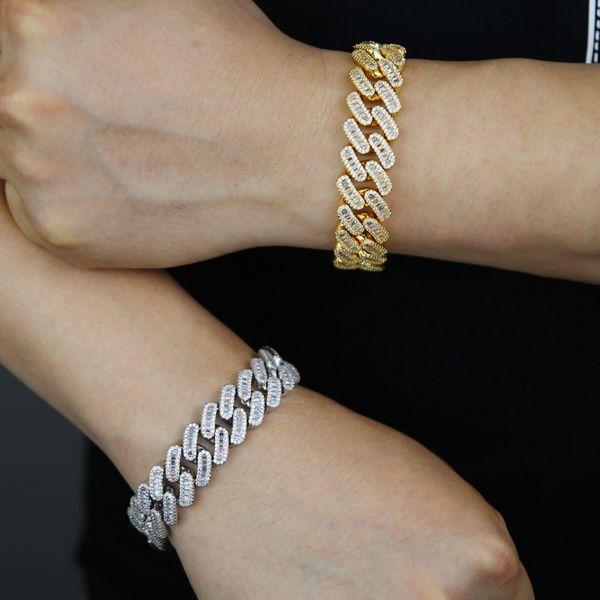 

new fashion designer hip hop 16mm square zircon cuban link bracelet women men iced out bling full paved cubic zirconia couple jewelry gift, Golden;silver