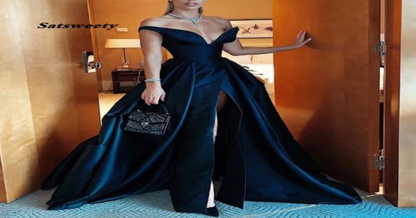

off the shoulder satin prom dresses long side slit vneck vestidos de gala abiye gece elbisesi black formal gowns4558515