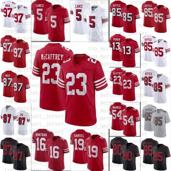

brock purdy football jersey 23 christian mccaffrey 19 deebo samuel trey lance 97 nick bosa george kittle fred warner jerry rice montana tala, Black;red