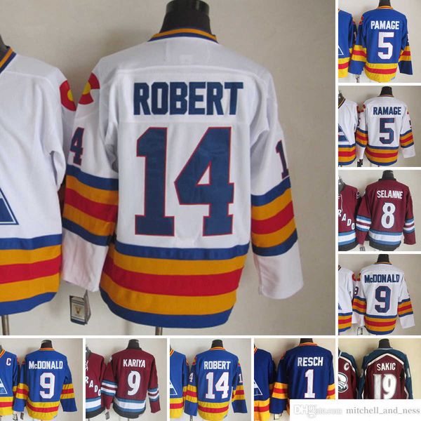 

1980 movie vintage hockey 9 lanny mcdonald jerseys ccm embroidery 14 rene robert 19 joe sakic 5 rob ramage 8 teemu selanne 1 chico resch jer, Black;red