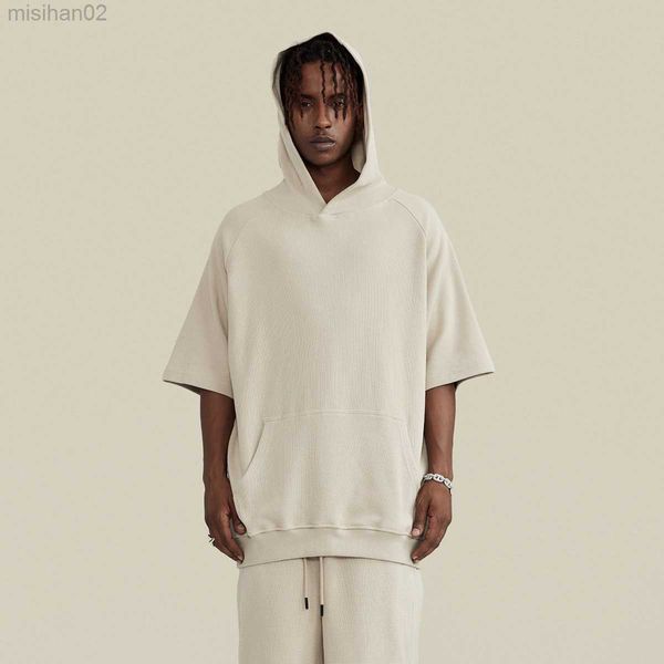 

men's hoodies sweatshirts 22fg solid color fog style t-shirt three quarter sleeve high street loose round neck pullover men hoodies for, Black