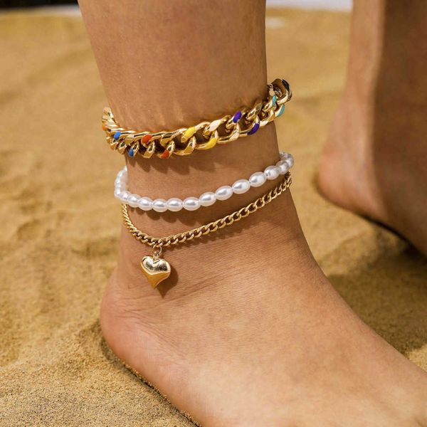 

trend exaggerates three layer rainbow dropping oil chain pearl love feet hiphop adornment girl, Red;blue