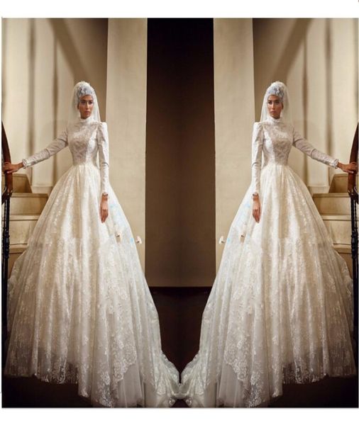 

2021 luxury muslim wedding dresses ball gown long sleeve lace appliques long length high neck modest dubai bridal wedding gown a126207826, White
