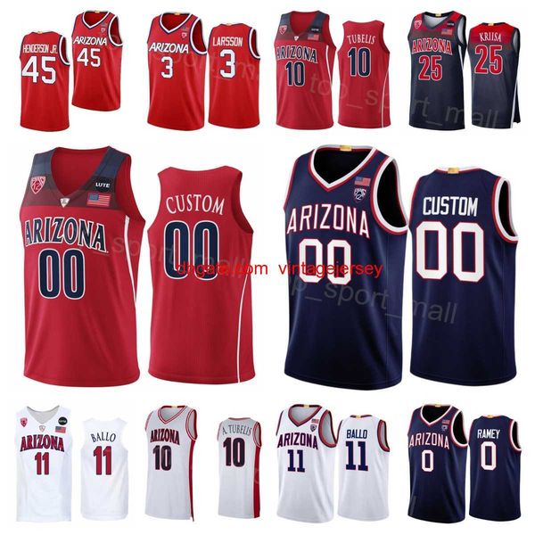 

college basketball arizona wildcats jersey 10 azuolas tubelis 11 oumar ballo 0 courtney ramey 25 kerr kriisa 3 pelle larsson 45 cedric hende, Black