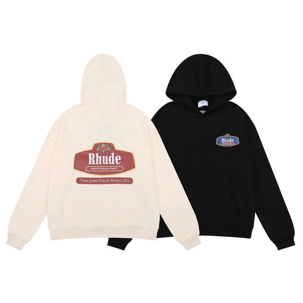 

rhude racing crest alphabet fashion brand high street loose casual couple hoodie sweatshirt, Black