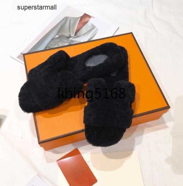 

designers women soft slippers woolskin sheepskin insole h slides winter luxury plush fur oran sandals rubber sole flat slipper acxr, Black