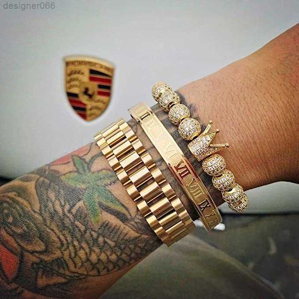 

3pcs/set imperial crown king mens bracelet pave cz gold bracelets for men luxury charm fashion cuff bangle birthday jewelry, Black