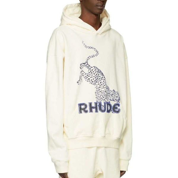 

ins us fashion rhude leopard print leopard printed terry hoodie men's and women's loose hoodie, Black