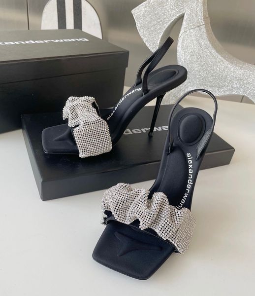 

fashion a-wang delphine sandals shoes women black stain pointed toe julie slingback crystal branding around ankles straps lady high heels eu