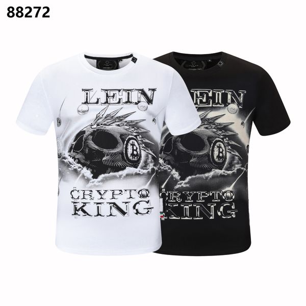 

pp t shirt mens metal letters embroidered leather plein plan european fashion trend round neck pullover 03, White;black