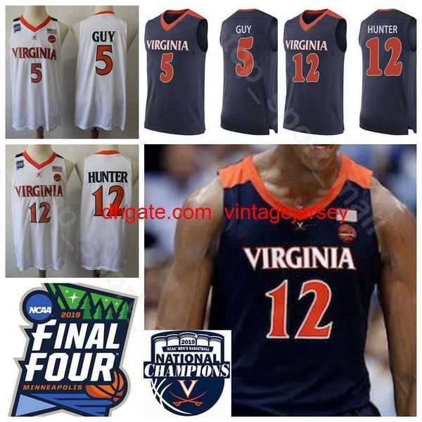 

ncaa 2019 final four champions college 12 de andre hunter jersey men virginia cavaliers 5 kyle guy navy blue white uniform, Black