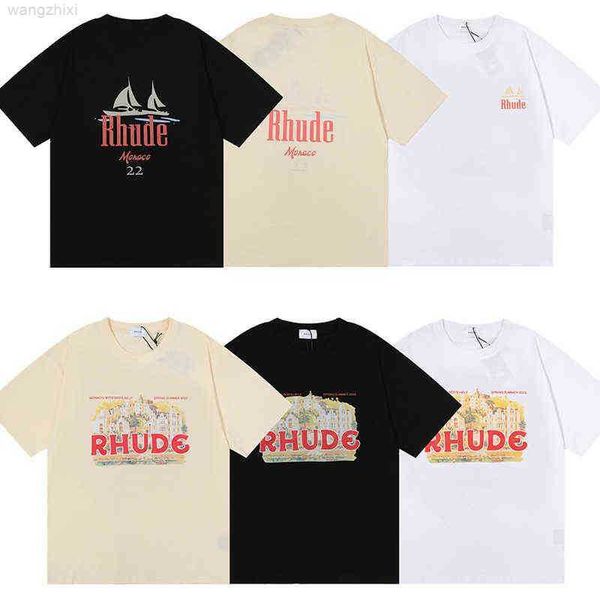 

summer ins designer tide brand high street rhude men's t-shirts round neck tee printed men and women short-sleeved casual loose t-shirt, Black