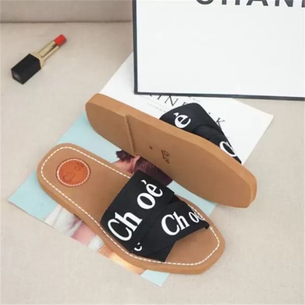 

2021 branded women woody mules fflat slipper deisgner lady lettering fabric outdoor leather sole slide sandal size 35-42, Black