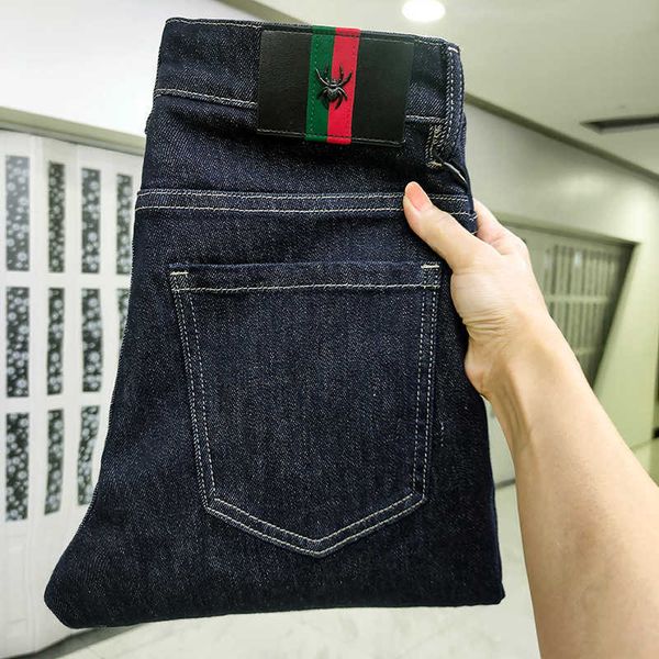 

jeans korean men's fashion versatile high end spring and autumn pants elastic slim fit casual, Blue