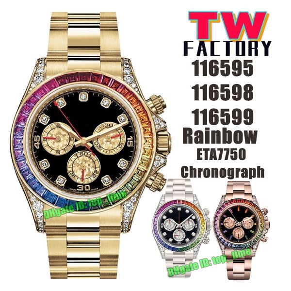 

tw factory watches 40mm rainbow eta7750 automatic chronograph mens watch rainbow bezel black dial yellow gold bracelet gents wristwatches, Slivery;brown