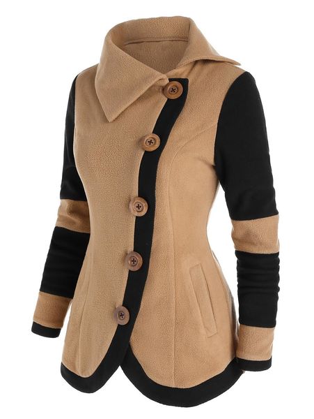 

women's leather faux fashion two tone fleece jacket colorblock wide waisted full sleeve warm coat for fall spring winter 230331, Black