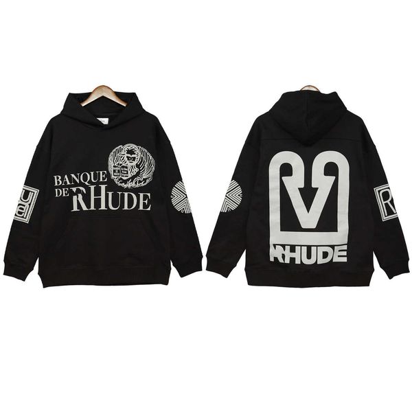 

autumn new rhude sweater letter printing hooded sweater beautiful fashion long sleeve street men's and women's same style, Black