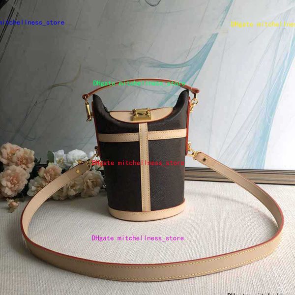 

designer shaped tote handbag shoulder bag bucket crossbody bags old flower fashion letter button lock genuine leather circular handbags