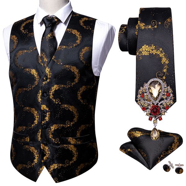 

men's vests black 5pcs designer mens wedding suit gold floral jacquard folral silk waistcoat tie brooches set barry.wang groom 230331, Black;white