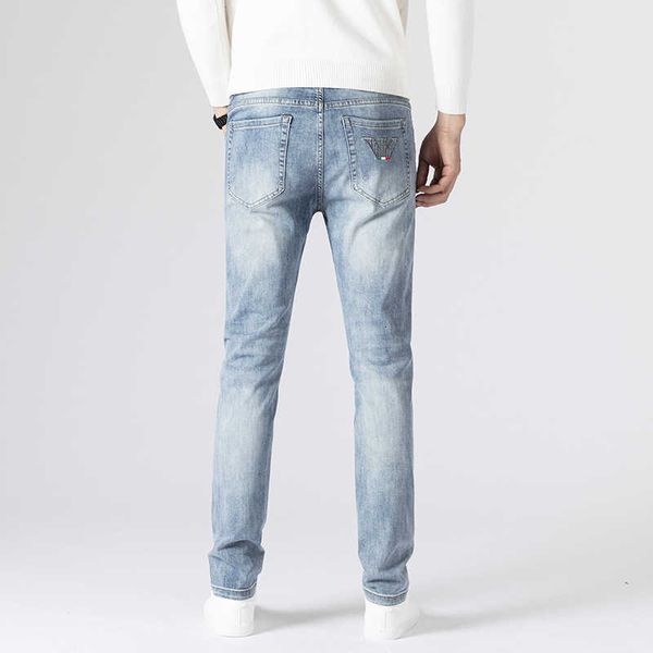 

summer 2022 fashion light luxury embroidery jeans men's slim fit color small leg pants high end, Blue