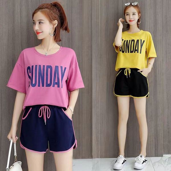 

summer women's korean version sports loose fitting two-piece short sleeve shorts for home wear, White;black