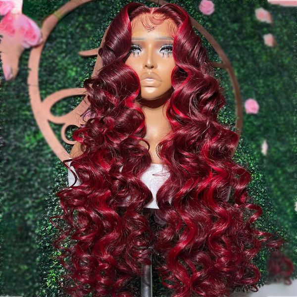 

Highlight Red Loose Deep Wave Lace Closure Wig 13x4 Lace Front Curly Human Hair Wigs Glueless HD Transparent Syntheitc Lace Front Wig, Burgundy red color