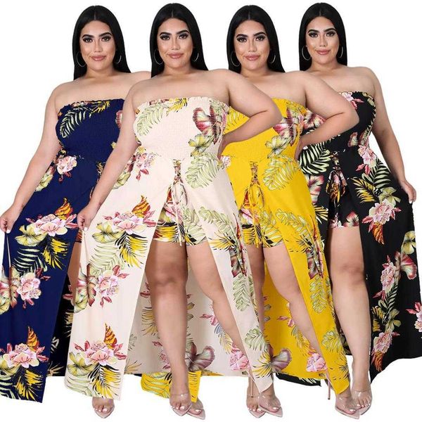 

fashion rompers plus size women flower split bandage stretch smocking jumpsuit, Black;white