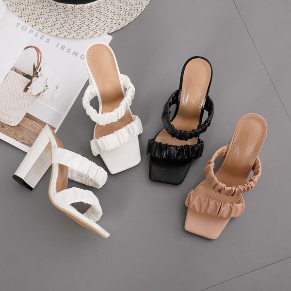 

designer slippers 2023 pleated women's sandals open-toed high heels ladies party shoes in summer, Black