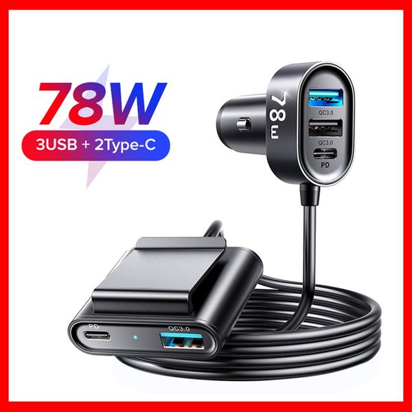 

78w 5-in-1 car charger fast usb c car charger pd 3.0 qc 4.0 3.0 pps 25w type c multi car charger adapter with 1.5m cable car-charge car-char
