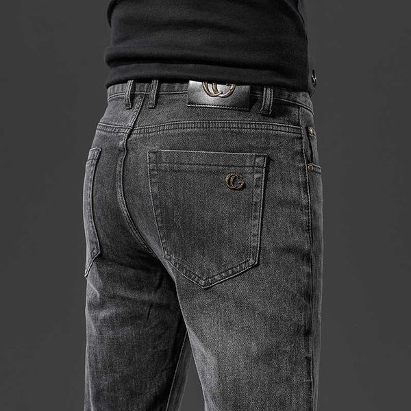 

luxury light fashion brand men's printed embroidered denim pants elastic slim fit small feet black, Blue