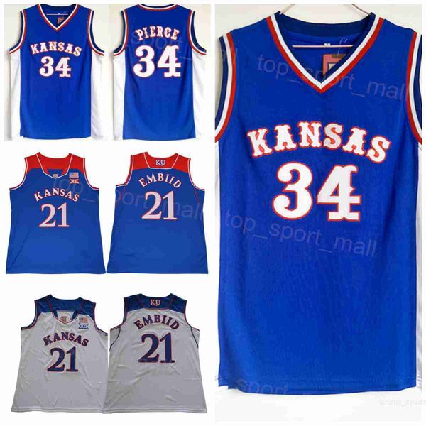

kansas jayhawks jerseys college basketball joel embiid 21 paul pierce 34 university all stitched team color blue white breathable for sport, Black