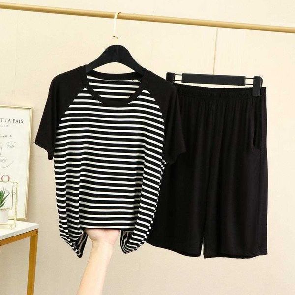

korean style striped modal cotton casual suit womens summer loose plus size crew