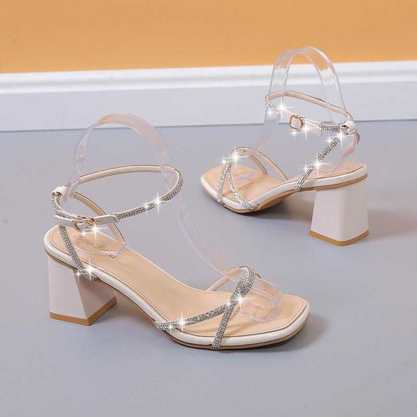 

sandals new female ankle strap buckle rhinestone crystal sandals summer women square toe high heels nightclub stripper ladies shoes 230322, Black