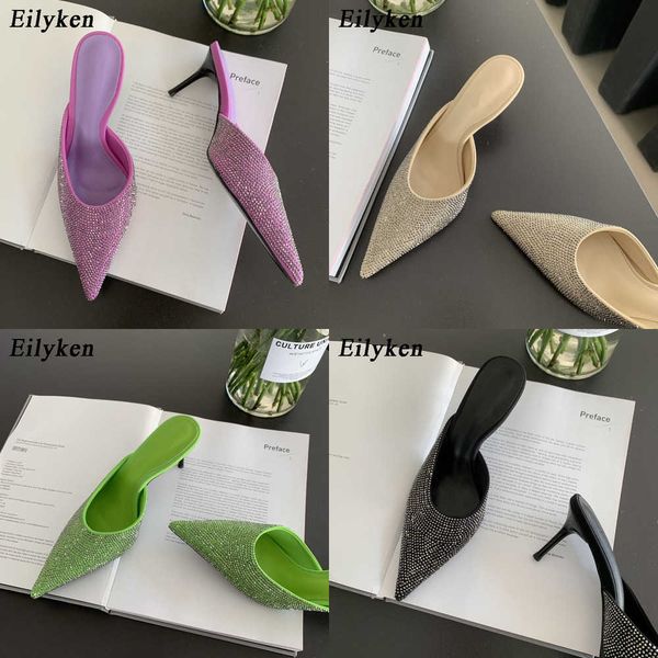 

sandals fashion crystal women slippers thin low heels pointed toe design slip on summer mules slides shoes 230316, Black