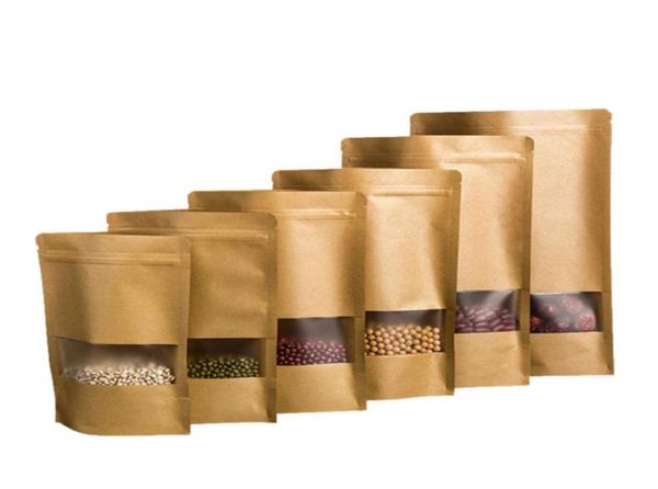 

100pcs kraft paper stand up zipper pouch bag with window resealable zip lock closure heat seal for food packaging3000975, Silver