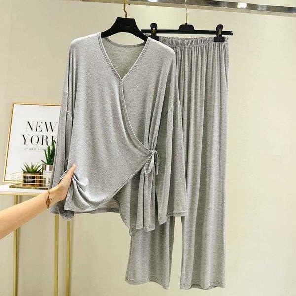 

modal long sleeve v neck cardigan loose pajamas two piece summer outdoor thin