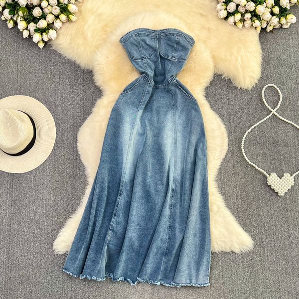 

fashion off the shoulder strapless denim dress summer women a line midi dress streetwear jeans slim long dress 2023, Black;gray