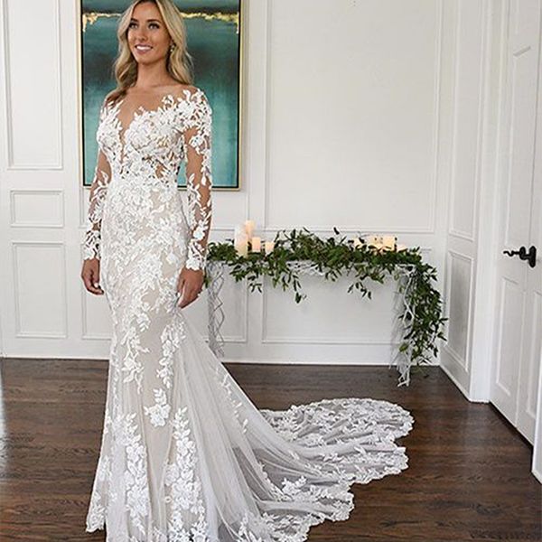 

backless beach lace wedding dress long sleeves mermaid bohemian bridal gowns sheer neck applique summer vestido de novia 2023, White